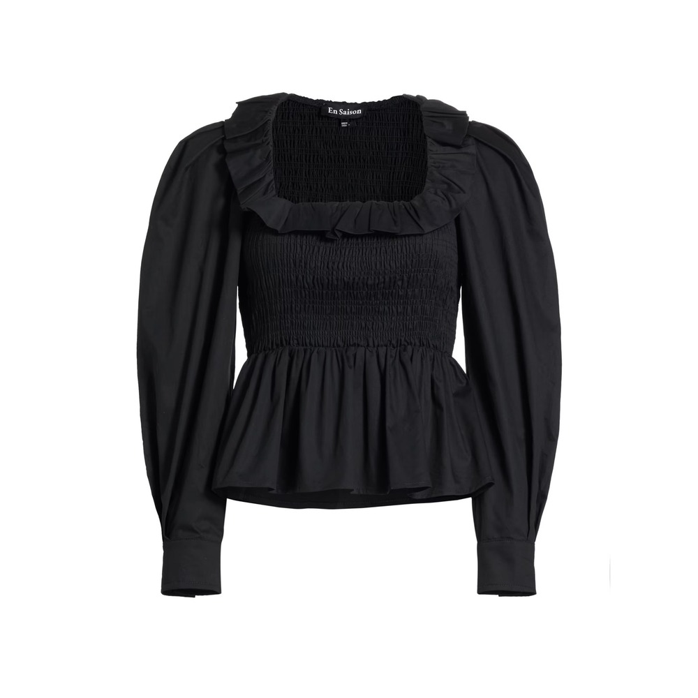 En Saison Navy Blue Smocked Puff Sleeve Ruffle Top IES3443T-1 NWT Size‎ S